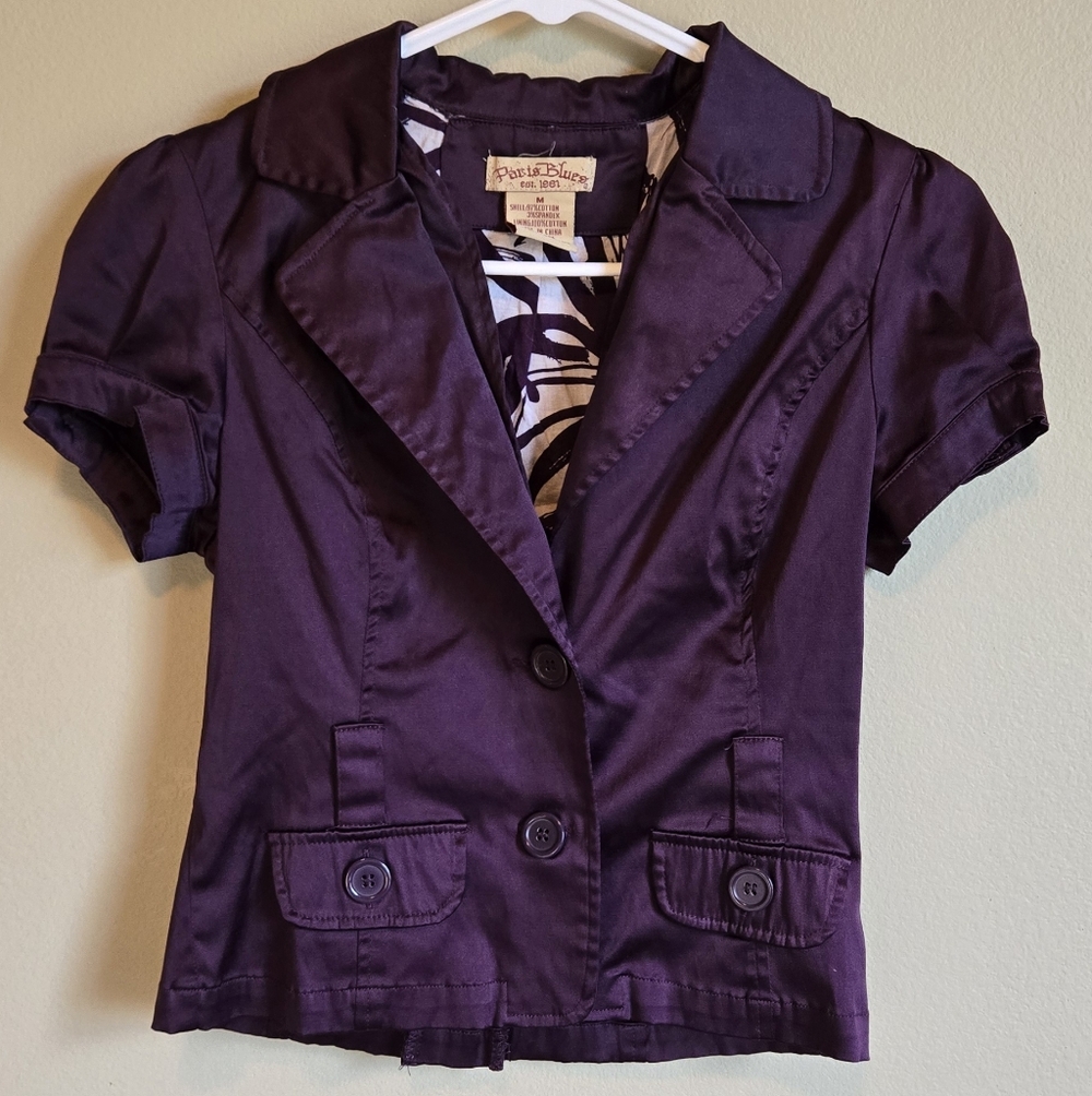 Paris Blues Blazer Jacket Women’s Small Purple Satin Short Sleeve Fitted Button - Picture 3 of 11